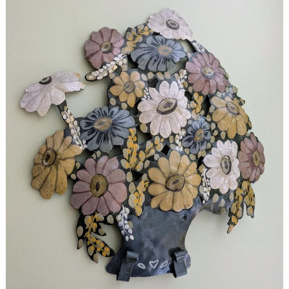 Vintage MCM Metal Enamel Toleware Tole Flower Floral Wall Hanging Cottagecore